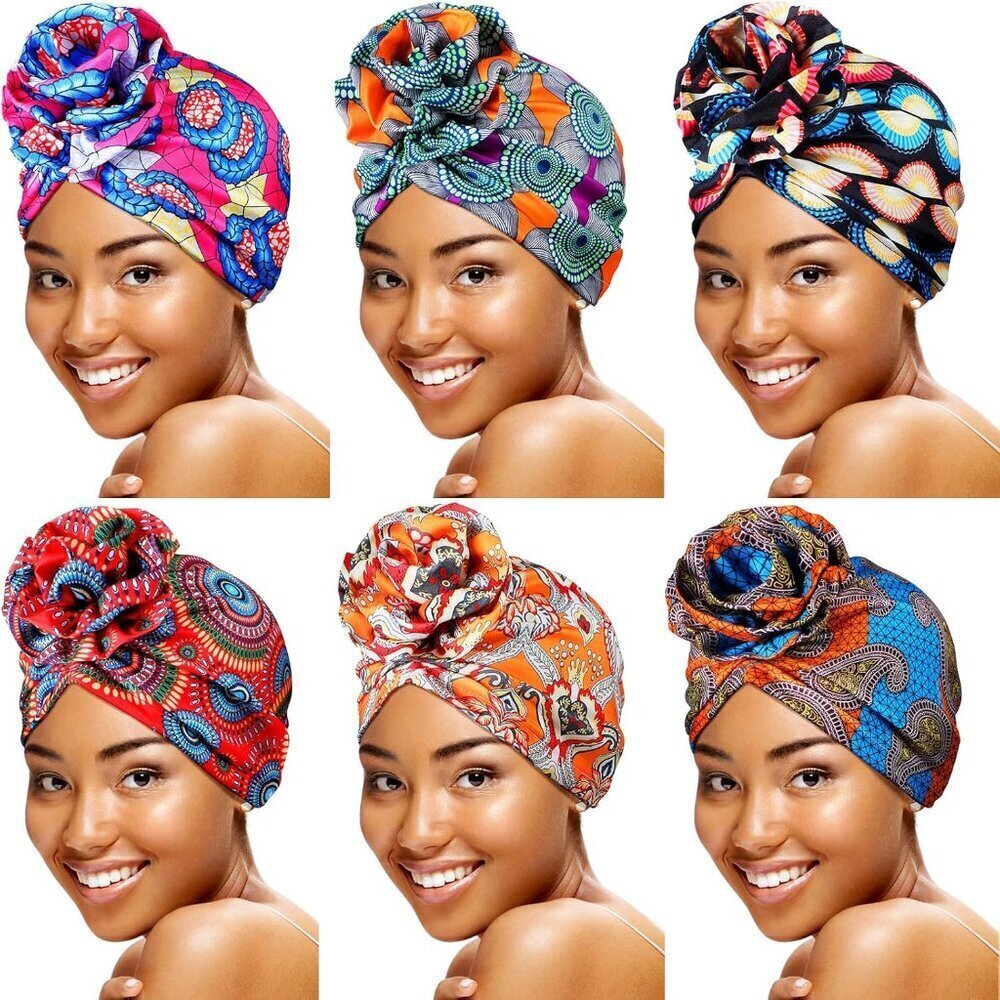 Women Turbans African Pattern 6 Pcs Pretied Headwraps Bonnet for Daily Use